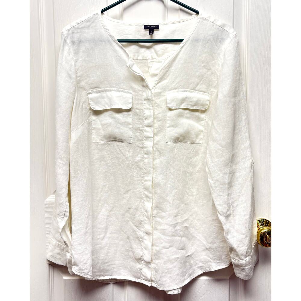 Talbots Blouse White 100% Linen Tab Sleeves Women’s Size M Machine Wash